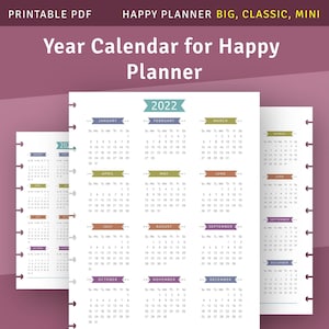 May include: A printable year calendar for 2022 designed for Happy Planner organizers. The calendar features a colorful design with each month displayed in a separate box. The months are labeled with a ribbon banner in a different color for each month.