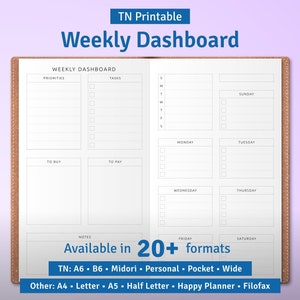 May include: A printable weekly dashboard planner with sections for priorities, tasks, to buy, to pay, and notes. It also includes a daily planner for each day of the week. The planner is available in 20+ formats, including A6, B6, Midori, Personal, Pocket, Wide, A4, Letter, A5, Half Letter, Happy Planner, and Filofax.