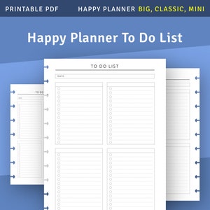 May include: Printable to-do list template for Happy Planner. The template has four sections with checkboxes and lines for writing tasks. The template is designed for use with the Happy Planner system.