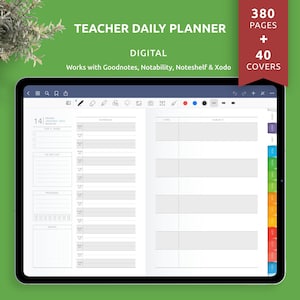 May include: A digital teacher daily planner on a tablet. The planner includes sections for scheduling, to-do lists, and notes. The screen displays the text "Teacher Daily Planner" and "Digital." The planner has 380 pages and 40 covers.