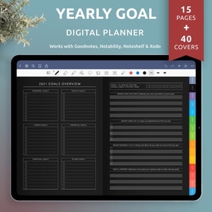 Digitale jaarlijkse doelplannersjabloon voor iPad of Android, Goodnotes / Notability Doelinstelling invoegen, 40+ aangepaste covers