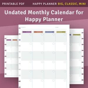 Undated MO2P Calendar Template for Happy Planner Classic / Big / Mini, Monthly Inserts Printable