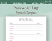 Password Log Printable Template (A4, A5, Letter, Half Letter)