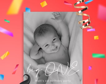 Editable Photo Invite, Customizable Baby's 1st Birthday Photo Invitation Template, Personalized Boy First Birthday Printable Invitation