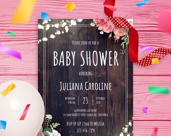 Plantilla de invitación rústica para baby shower de madera (descarga digital)