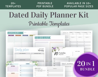 Dated Daily Planner Kit, Printable Daily Plan Templates 20 in 1 Bundle, Daily Hourly Schedule Template, A4, A5, Letter, Half letter Filofax