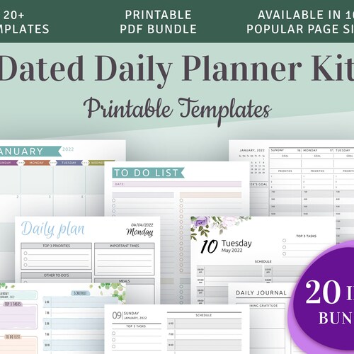 Dated Daily Planner Kit Printable Daily Plan Templates 20 in - Etsy