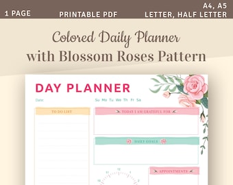 Planificador diario de colores con patrón de rosas en flor, plantilla de agenda del día, descarga instantánea de PDF imprimible