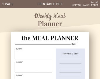 Weekly Meal Planner With Shopping List, Printable Weekly Menu Planner, Instant Download Printable PDF