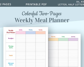 Colorful Two-Pages Weekly Meal Planner, Weekly Planner Printable Menu, Undated Food Diary Template, Family Meal Planner Printable PDF