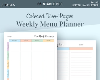 Meal Planner Printable, Weekly Menu Planner with Grocery List, Two-Pages Weekly Food Planner Template, Meal Plan Printable PDF, A4 A5 insert