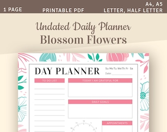 Planificador diario sin fecha de Blossom Flowers, lista de tareas imprimible (PDF)