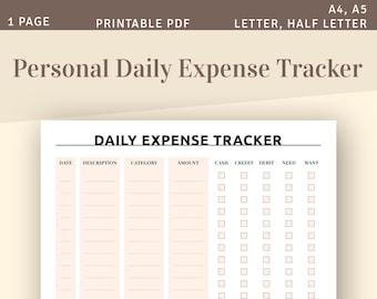 Personal Daily Expense Tracker, Budget Planner Template, Instant Download Printable PDF