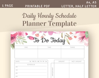 Daily Hourly Schedule Planner Template, To Do List, Daily Agenda, Instant Download Printable PDF