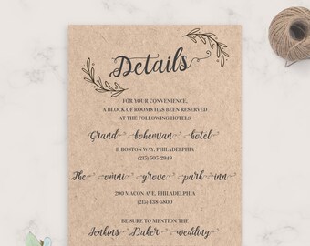 Vintage Rustic Wedding Details Card, Wedding Accommodations Card Template, Fully Editable Printable Wedding Information Card, PDF, JPG, PNG
