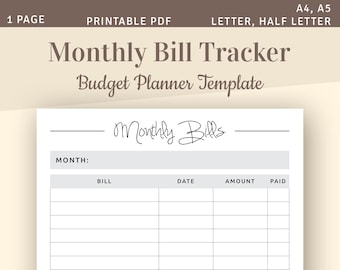 Monthly Bill Tracker, Bill Planner, Bill Payment Tracker, Printable Monthly Budget Planner, A4, A5, Letter, Half Letter PDF Template