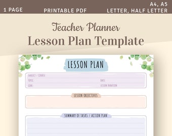 Teacher Lesson Plan Template, Printable Lesson Planner, Lesson Planning, Blank Lesson Plan Sheet, Letter, Half Letter, A4, A5 PDF