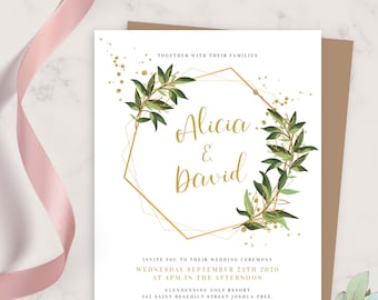 Wedding Invite, Greenery Geometric Wedding Invitation, Printable Wedding Invites Template, Editable Invitation, PDF, JPG, PNG