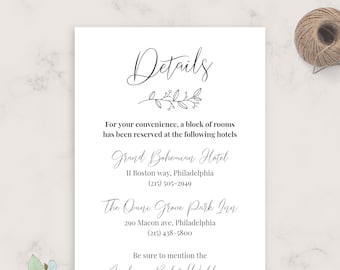 Classic Elegant Wedding Details Card, Wedding Accommodations Card Template, Fully Editable Printable Wedding Information Card, PDF, JPG, PNG