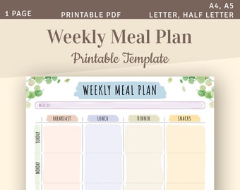 Weekly Meal Plan Printable, Week Menu Planner, Weekly Food Planner Template, Family Meal Planning, A4, A5, Letter, Half Letter PDF insert