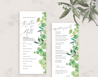 Lush Greenery Wedding Program Template, Printable Ceremony Timeline (PDF, JPG, PNG)