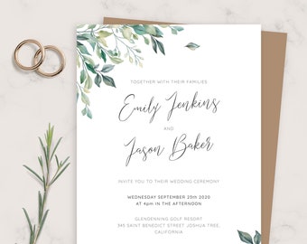 Wedding Invite, Green Leaves Elegant Wedding Invitation, Printable Wedding Invites Template, Editable Invitation, PDF, JPG, PNG