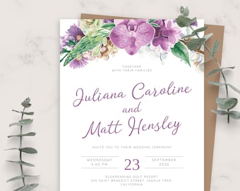 Floral Wedding Invitation, Purple Bouquet Template (PDF, JPG, PNG)