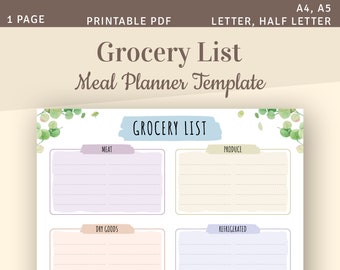 Grocery List, Meal Planner Template, Printable Shopping List, Cute Grocery list, Floral Shopping list, A4, A5, Letter, Half Letter, PDF