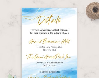 Blauer Himmel Winter Hochzeit Details Karte, Hochzeit Anpassungen Kartenvorlage, vollständig bearbeitbare druckbare Hochzeitsinformationskarte, PDF, JPG, PNG