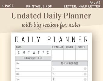 Undated Daily Planner Template, Printable PDF, Big Notes Section