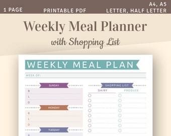 Planificador de comidas imprimible, Planificador de menú semanal con lista de compras, Plantilla de planificador de alimentos familiar, PDF imprimible del plan de comidas, inserto A4 A5