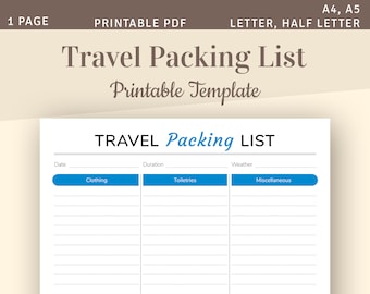 Travel Packing List, Packing Checklist, Vacation Packing Template, Travel Journal printable insert, A4, A5, Letter, Half Letter, Filofax PDF