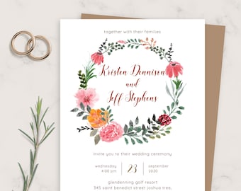 Rustic Wedding Invitation Template, Floral Wreath (PDF, JPG, PNG)