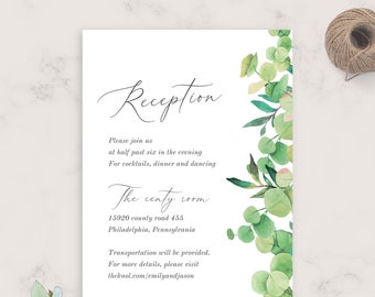 Lush Greenery Wedding Reception Card, DIY Printable Wedding Reception Guest Template, Editable Wedding Invitation Enclosure Card Template