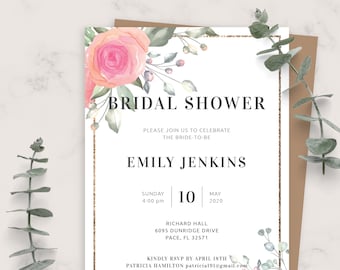 Floral Bridal Shower Invitation, Printable Wedding Invites Template, Editable Invitation, PDF, JPG, PNG
