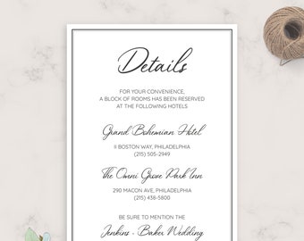 Simple Elegant Wedding Details Card, Wedding Accommodations Card Template, Fully Editable Printable Wedding Information Card, PDF, JPG, PNG