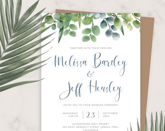 Wedding Invite, Elegant Eucalyptus Wedding Invitation, Printable Wedding Invites Template, Editable Invitation, PDF, JPG, PNG