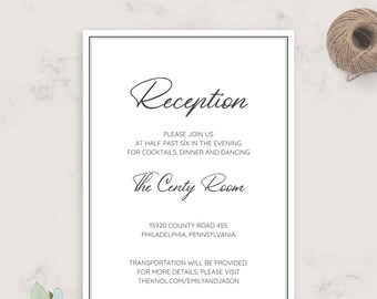 Elegant Wedding Reception Card Template, Printable DIY (PDF)