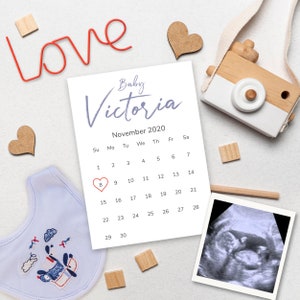 Modelo de cartão de anúncio de gravidez de calendário, anúncio personalizado da data de vencimento do bebê