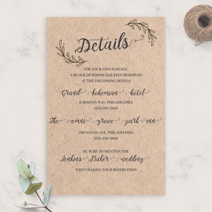 Vintage Rustic Wedding Details Card, Wedding Accommodations Card Template, Fully Editable Printable Wedding Information Card, PDF, JPG, PNG