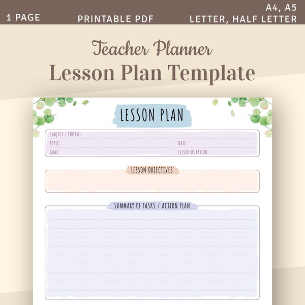 Teacher Lesson Plan Template, Printable Lesson Planner, Lesson Planning, Blank Lesson Plan Sheet, Letter, Half Letter, A4, A5 PDF