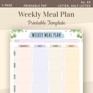Peut inclure: Un modèle imprimable de plan de repas hebdomadaire avec le texte "Weekly Meal Plan Printable Template". Le modèle comprend des sections pour le petit-déjeuner, le déjeuner, le dîner et les collations, avec de l'espace pour chaque jour de la semaine. Le design présente des couleurs pastel.