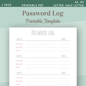 Password Tracker Printable Template, Password Keeper, Password Log Insert, Password List