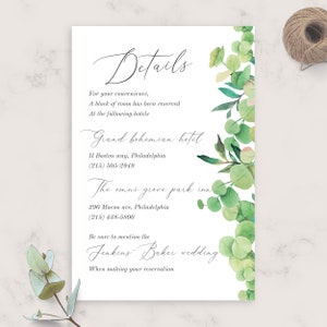 Lush Greenery Wedding Details Card, Wedding Accommodations Card Template, Fully Editable Printable Wedding Information Card, PDF, JPG, PNG