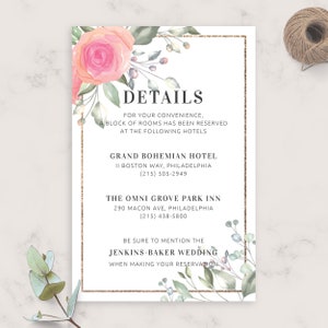 Floral Elegant Wedding Details Card, Wedding Accommodations Card Template, Fully Editable Printable Wedding Information Card, PDF, JPG, PNG