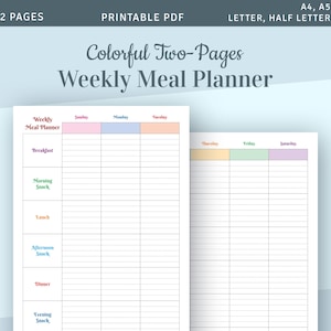 Colorful Two-Pages Weekly Meal Planner, Weekly Planner Printable Menu, Undated Food Diary Template, Family Meal Planner Printable PDF