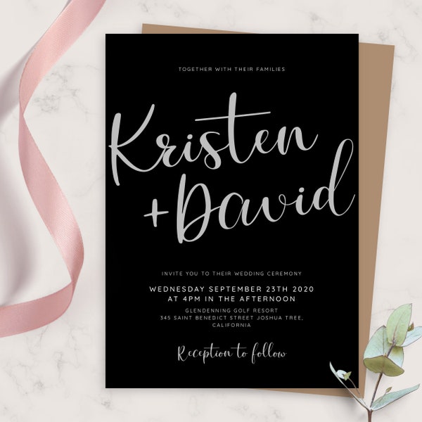 Wedding Invite, Black and Silver Wedding Invitation, Printable Wedding Invites Template, Editable Invitation, PDF, JPG, PNG