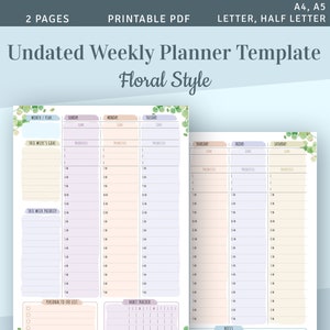 Undated Weekly Planner 2024 2025, Printable Weekly Agenda Template, Week on two pages inserts, A4, A5, Letter, Half Letter, Instant Download