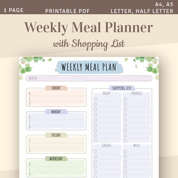 Meal Planner Printable, Weekly Menu Planner with Grocery List, Family Food Planner Template, Meal Plan Printable PDF, A4 A5 insert