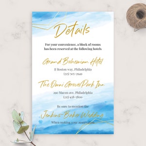 Cartão de detalhes do casamento de inverno com céu azul, modelo de cartão de acomodações de casamento, cartão de informações de casamento para impressão totalmente editável, PDF, JPG, PNG